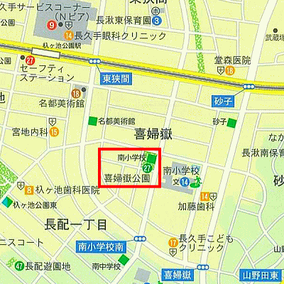 喜婦嶽（きぶたけ）公園の範囲を赤線で囲った地図