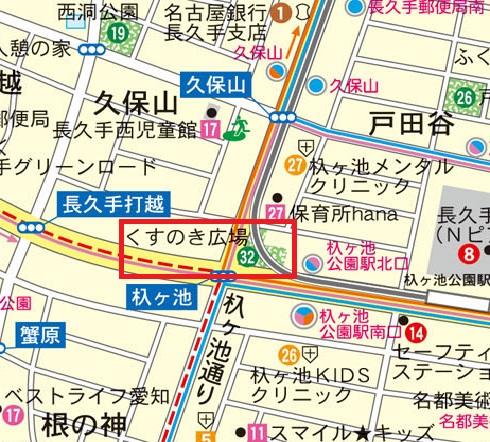 くすのき広場の範囲を赤線で囲った地図