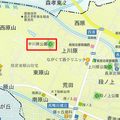 中川原（なかがわら）公園の範囲を赤線で囲った地図