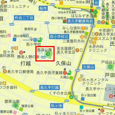 西洞（にしぼら）公園の範囲を赤線で囲った地図