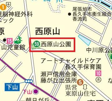 西原山（にしはらやま）公園の範囲を赤線で囲った地図