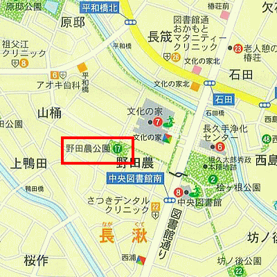 野田農（のだのう）公園の範囲を赤線で囲った地図