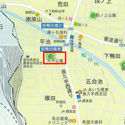 大平（おおひら）公園の範囲を赤線で囲った地図