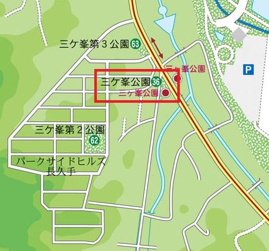 三ケ峯（さがみね）公園の範囲を赤線で囲った地図