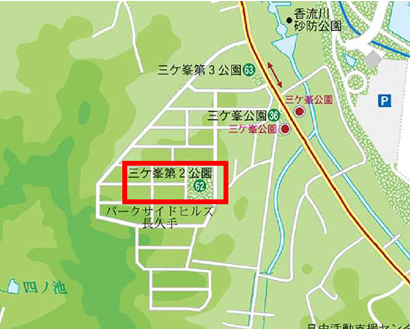 三ケ峯第2（さがみねだいに）公園の範囲を赤線で囲った地図