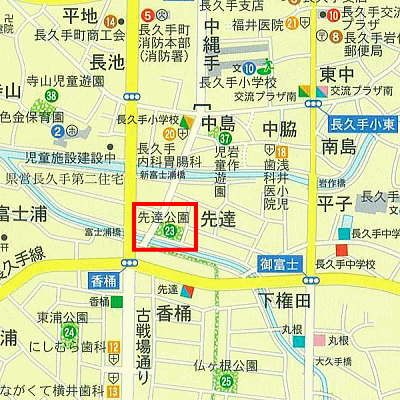 先達（せんだつ）公園の範囲を赤線で囲った地図