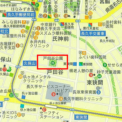 戸田谷（とだがい）公園の範囲を赤線で囲った地図