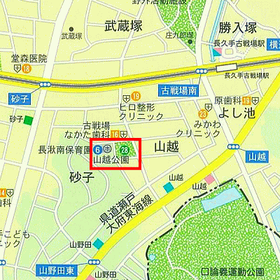 山越（やまごえ）公園の範囲を赤線で囲った地図