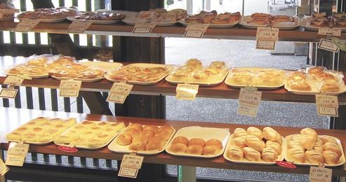 横長の3段の棚に、パンの種類ごとにトレー内にパンが並んで陳列されているパン工房の店内の写真