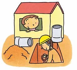黄色いヘルメットを被った工事店の男性が下水道の工事をしている様子を家から見ている女性のイラスト