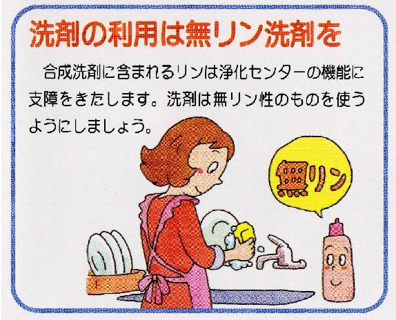 洗剤の利用は無リン洗剤を（エプロン姿の女性が無リン性の洗剤で食器を洗っている）のイラスト