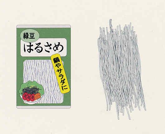 はるさめと左にはるさめが入っている「緑豆はるさめ、鍋やサラダに」と表面に書かれている商品パッケージのイラスト