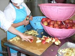 白色の作業着を着たスタッフが、大きなザルに入ったりんごを1個ずつ芯をとっている写真